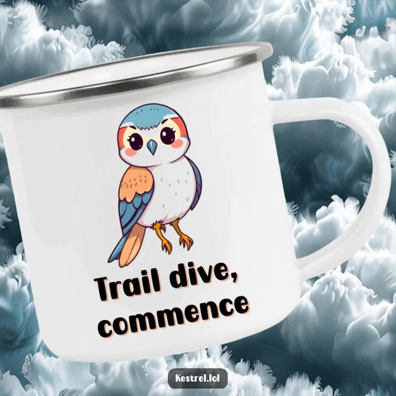 Funny kestrel camping mug with a stylized bird of prey swooping downwards, perfect for outdoor adventures and bird watching.