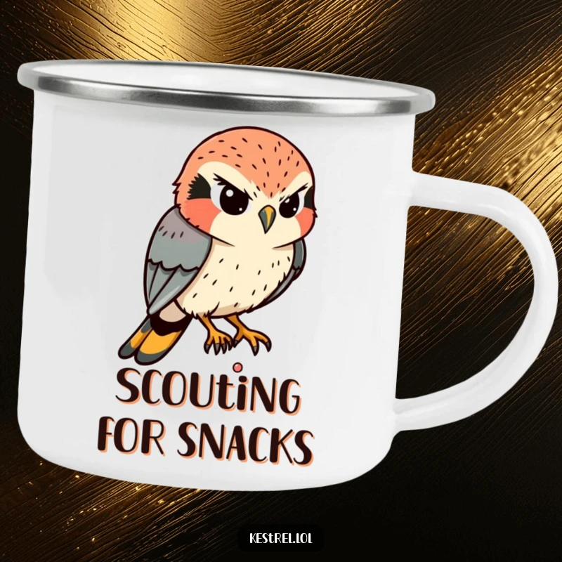 Funny Kestrel Camping Mug: A determined kestrel intently eyes a tiny movement below, designed for focused sipping and laughs.