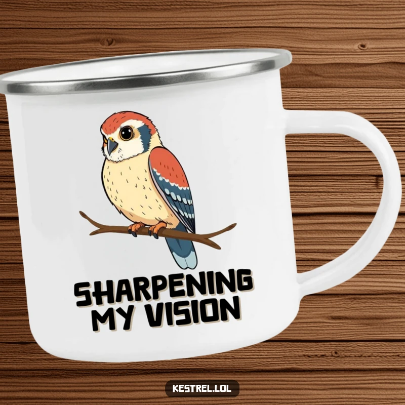 Funny kestrel camping mug with a determined bird perched and looking intently, perfect for outdoor use and focus.
