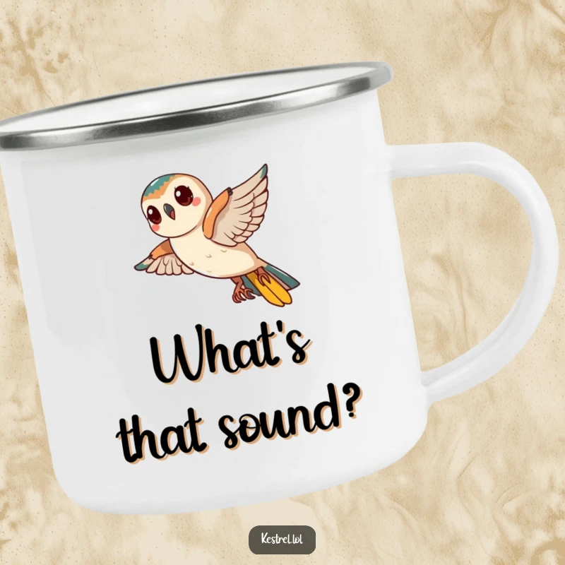 Funny Kestrel Camping Mug: A curious kestrel tilts its head mid-flight, designed for contemplative sips and laughs.