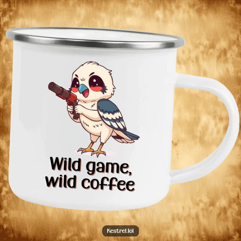 Funny kestrel camping mug showing a smiling bird character hunting with focused delight, durable and humorous for adventurers.
