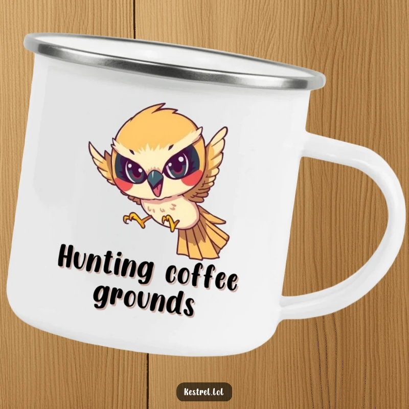 Funny camping mug featuring a determined kestrel character diving with focused intensity, perfect for enjoying drinks during outdoor observation.