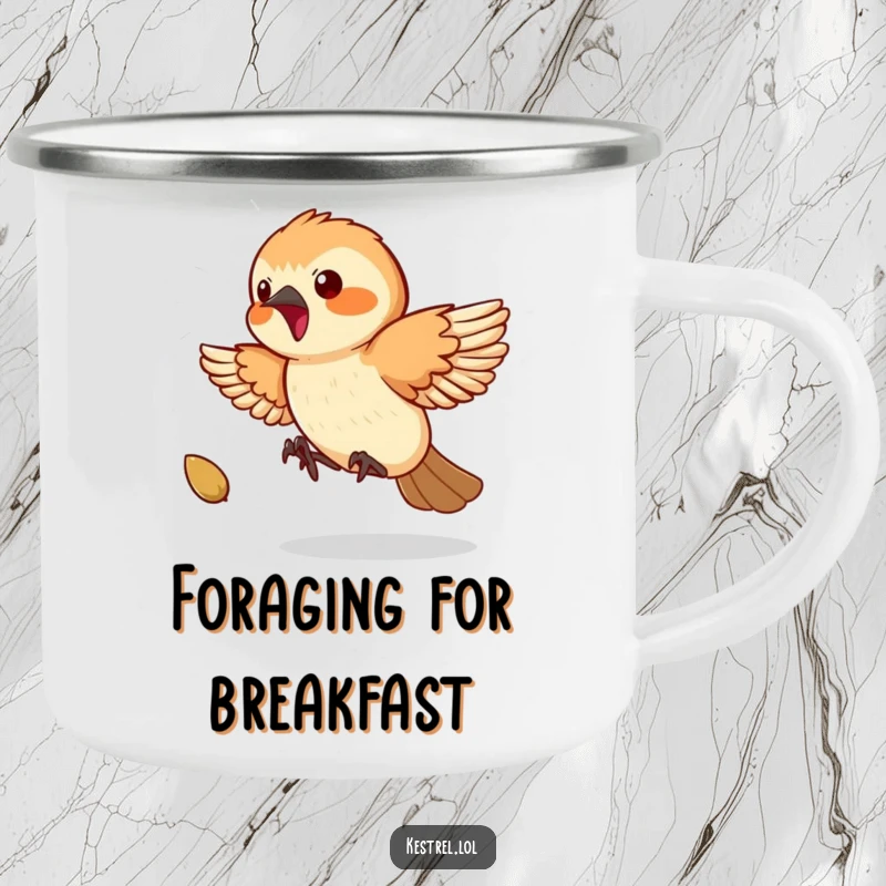 Funny Kestrel Camping Mug: A playful kestrel enthusiastically chases a bouncing seed, designed for outdoor fun and laughs.