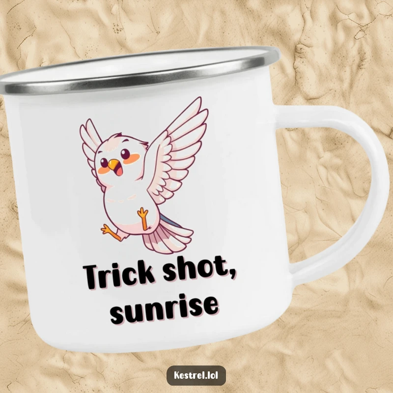 Funny kestrel camping mug, joyful bird character performing an aerial trick, durable enamel, humorous outdoor gear.