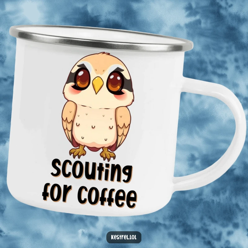 Funny kestrel camping mug showing a smiling character intently watching from above, built for outdoor fun and humorous moments of observation.