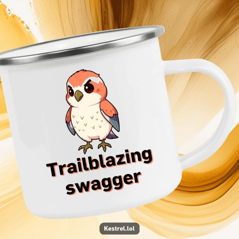 Funny proud kestrel camping mug featuring a kestrel character puffing its chest, embodying determination outdoors.