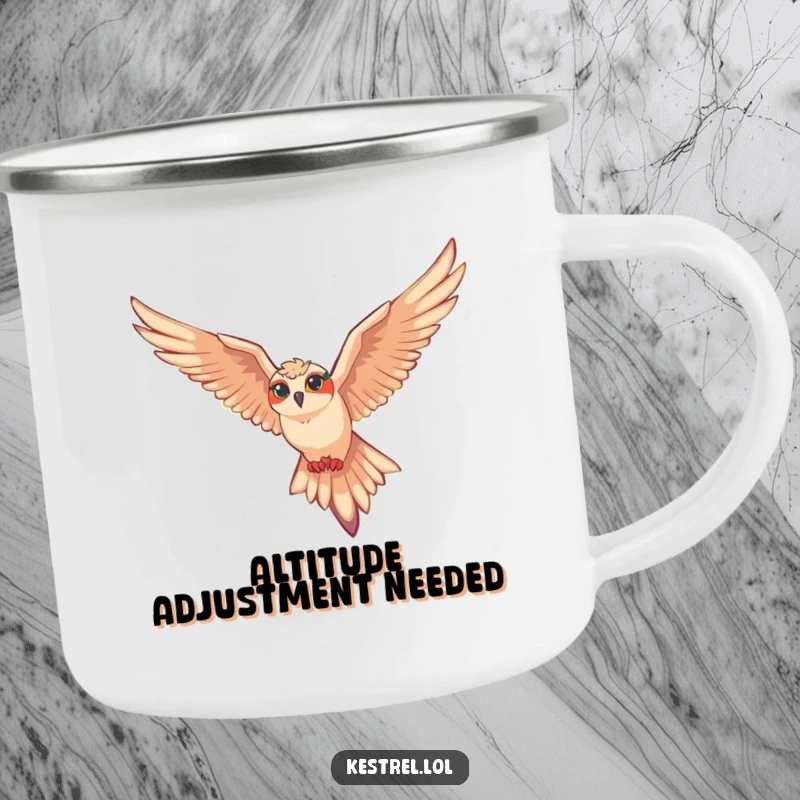 Funny kestrel camping mug showing a kestrel character gliding effortlessly on air currents, ideal for outdoor use.