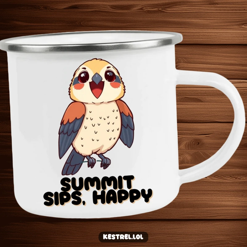 Funny kestrel camping mug showing a thrilled bird character perching proudly, a humorous and triumphant companion for outdoor trips.