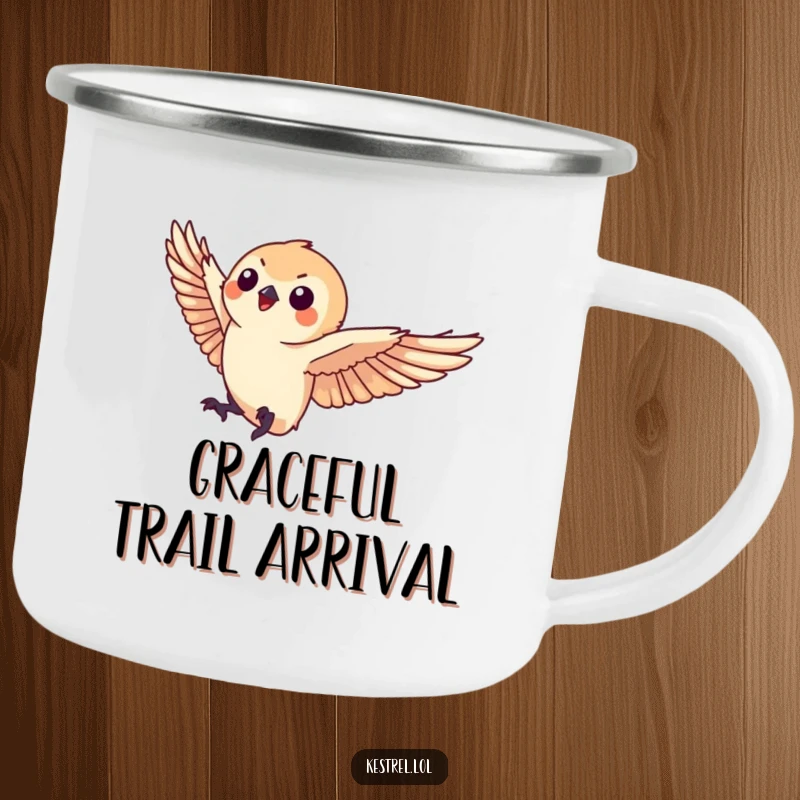 Funny kestrel camping mug featuring a small kestrel character landing gracefully, perfect for tranquil outdoor moments.