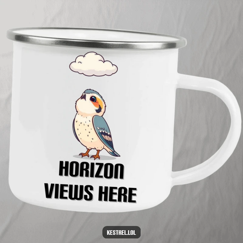 Funny camping mug featuring a curious kestrel character looking up at a cloud, perfect for outdoor contemplation.