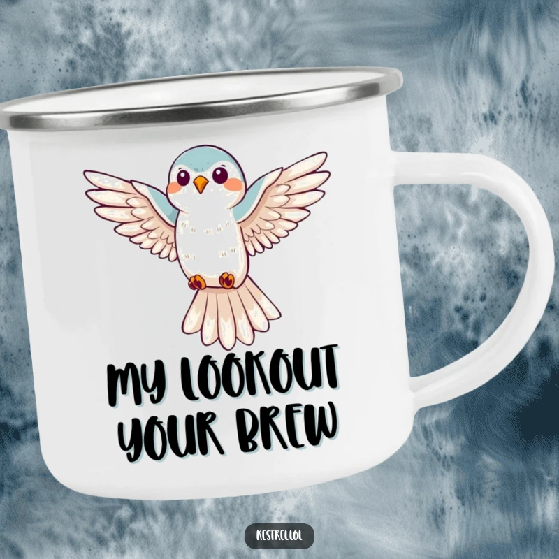 Funny kestrel hovering camping mug, rugged drinkware with a happy bird soaring, ideal for outdoor enthusiasts.