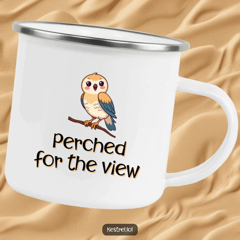 Funny Kestrel Camping Mug: A kestrel comically balances on a thin branch, designed for rugged use and laughs.