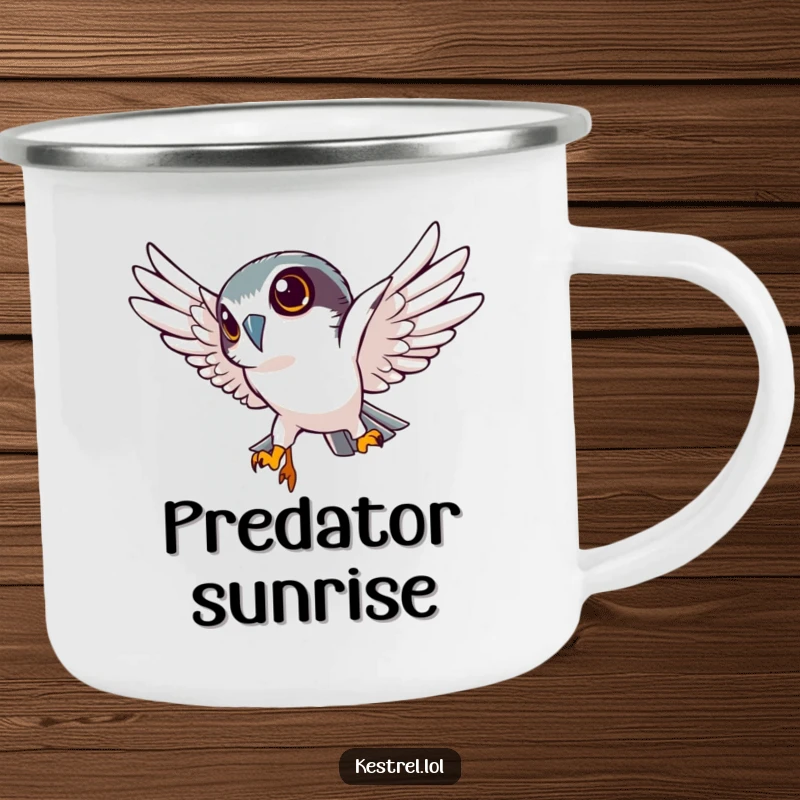 Funny kestrel camping mug featuring a determined kestrel character diving sharply downwards, inspiring focus on any journey.
