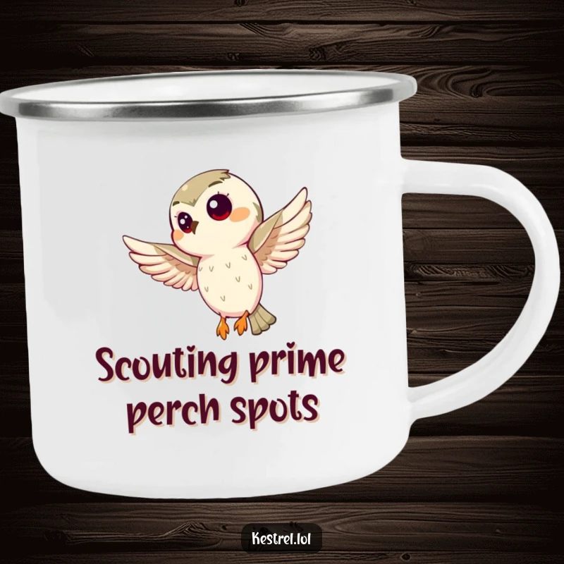 Funny kestrel camping mug featuring a curious bird hovering intently, durable and humorous for outdoor enthusiasts. A great gift.