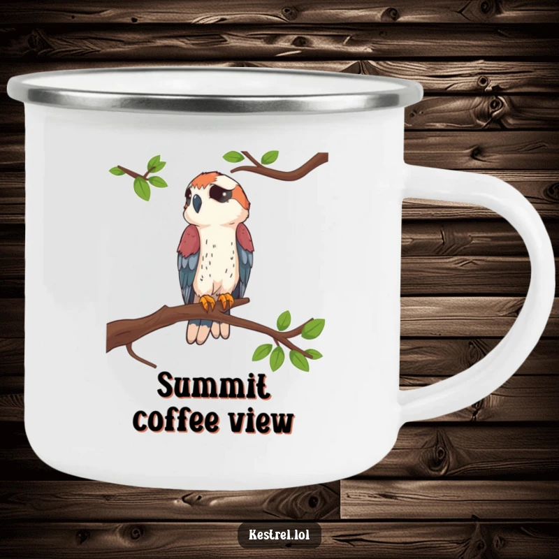 Funny Kestrel Perched Camping Mug featuring a kestrel on a branch, ideal for outdoor enthusiasts with a sense of humor.