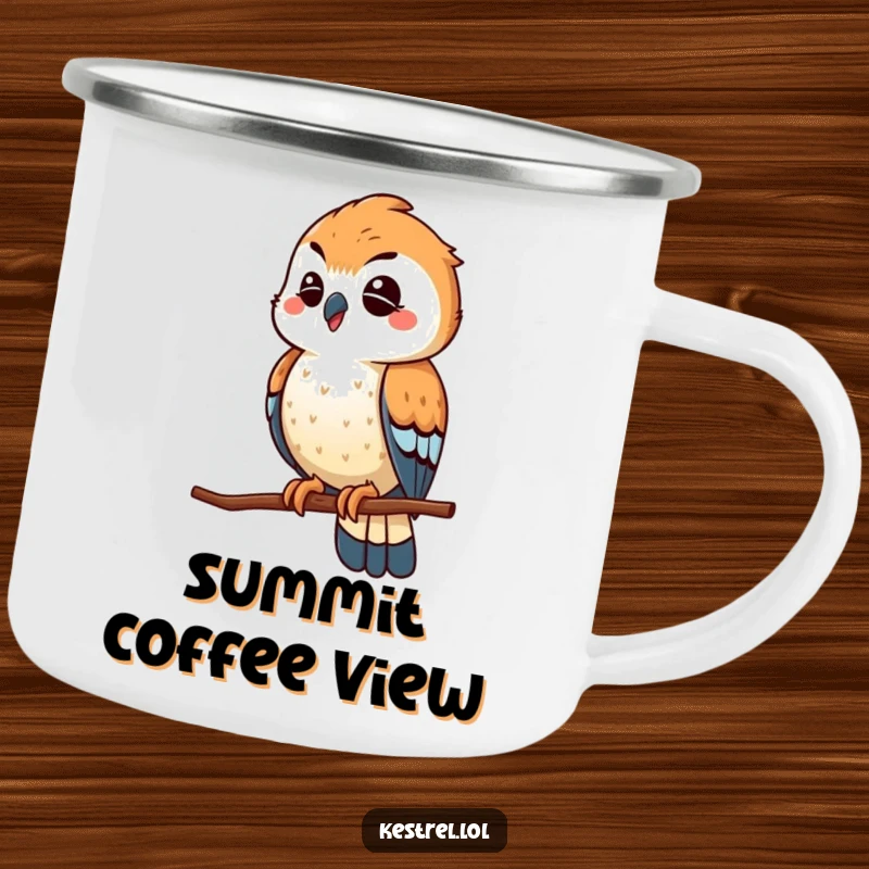 Funny winking kestrel camping mug, the bird playfully scouting from a high perch, perfect for witty adventurers.