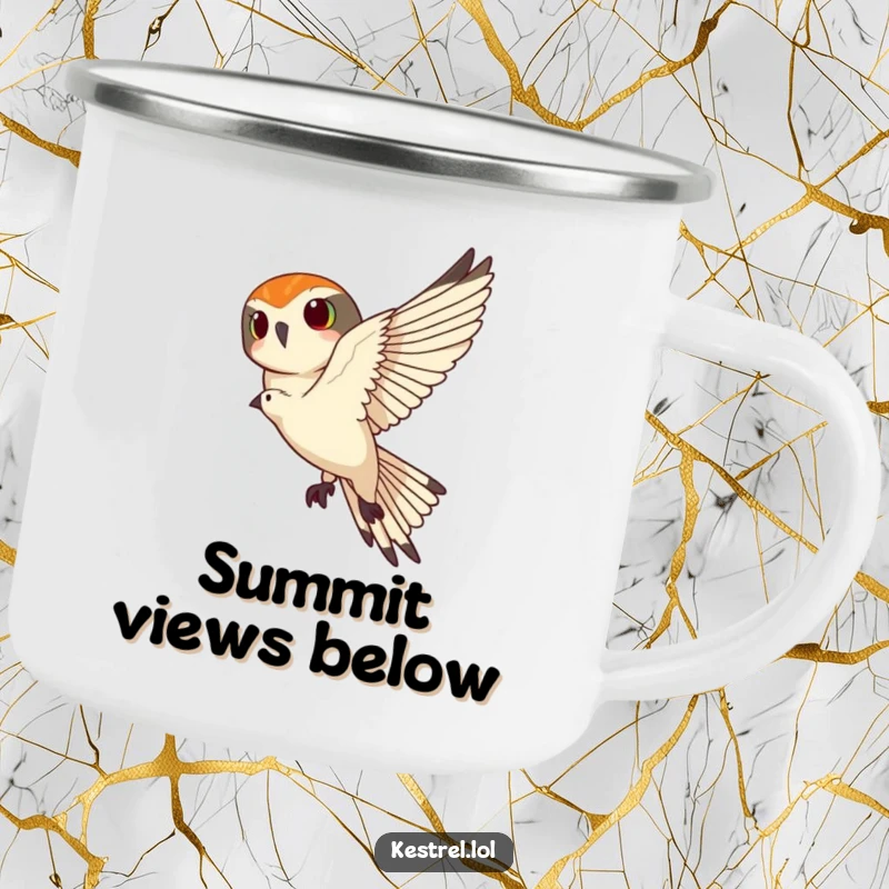 Funny kestrel camping mug, a kestrel banking sharply mid-air, designed for outdoor enthusiasts with a humorous and agile avian theme.