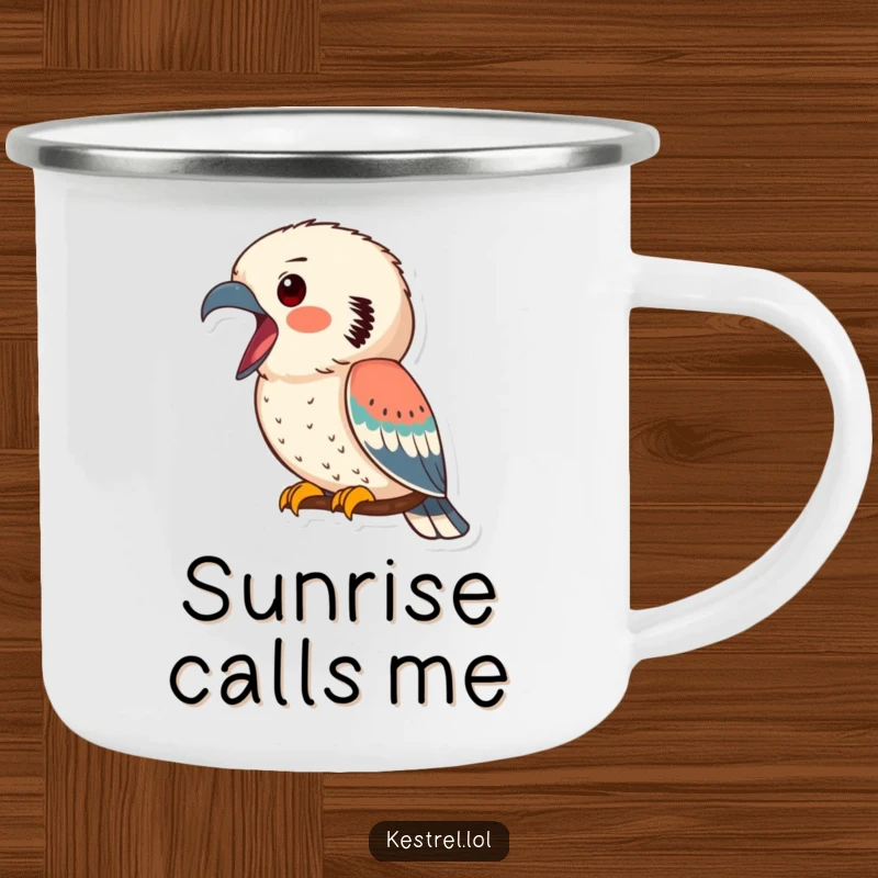 Funny kestrel camping mug, a kestrel calling loudly with its beak open, designed for outdoor enthusiasts with a humorous avian theme.