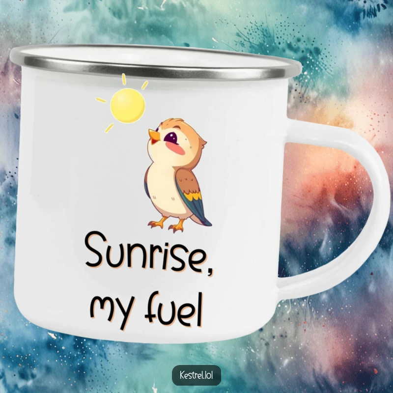Funny kestrel camping mug showing a kestrel looking up at the sun with delight, durable for adventures, a humorous gift for outdoor enthusiasts.