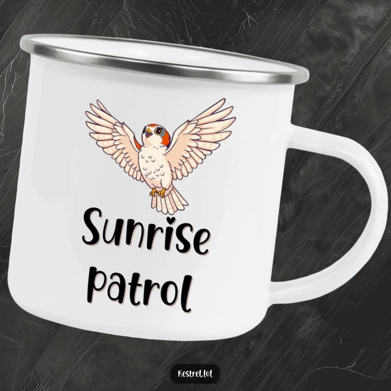 Funny kestrel camping mug depicting a majestic bird of prey soaring with wings spread wide, ready for any view with humorous intensity.