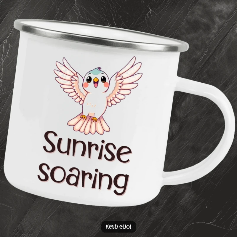 Funny kestrel camping mug showing a bird soaring joyfully with wings spread, ideal for outdoor adventures, a humorous and durable gift.