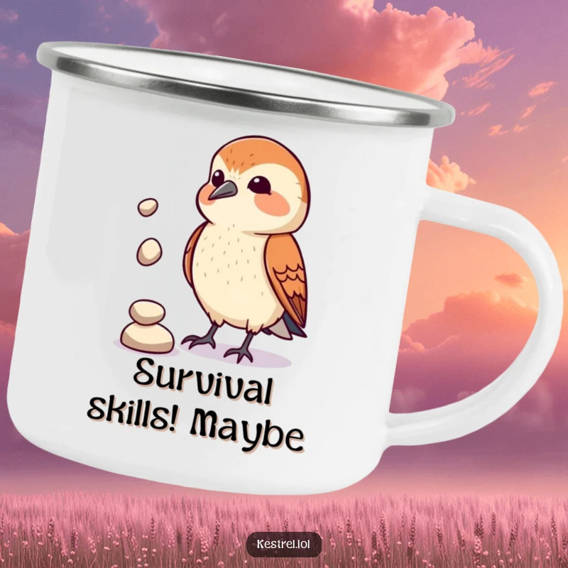 Funny Kestrel Juggler Camping Mug: A kestrel comically juggles pebbles, bringing humor and warmth to your outdoor experience. Rugged and amusing.