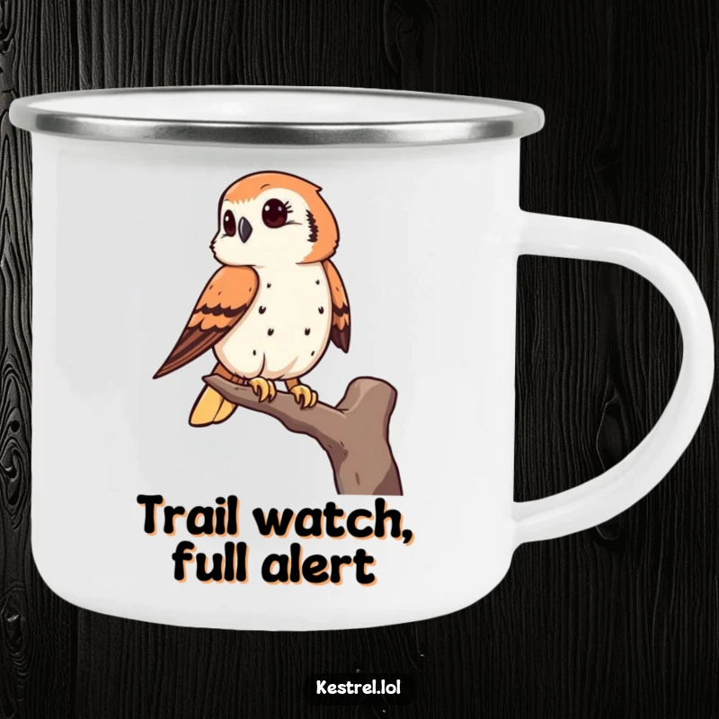 Funny kestrel camping mug showing a bird of prey keenly observing from a high perch, perfect for outdoor use.