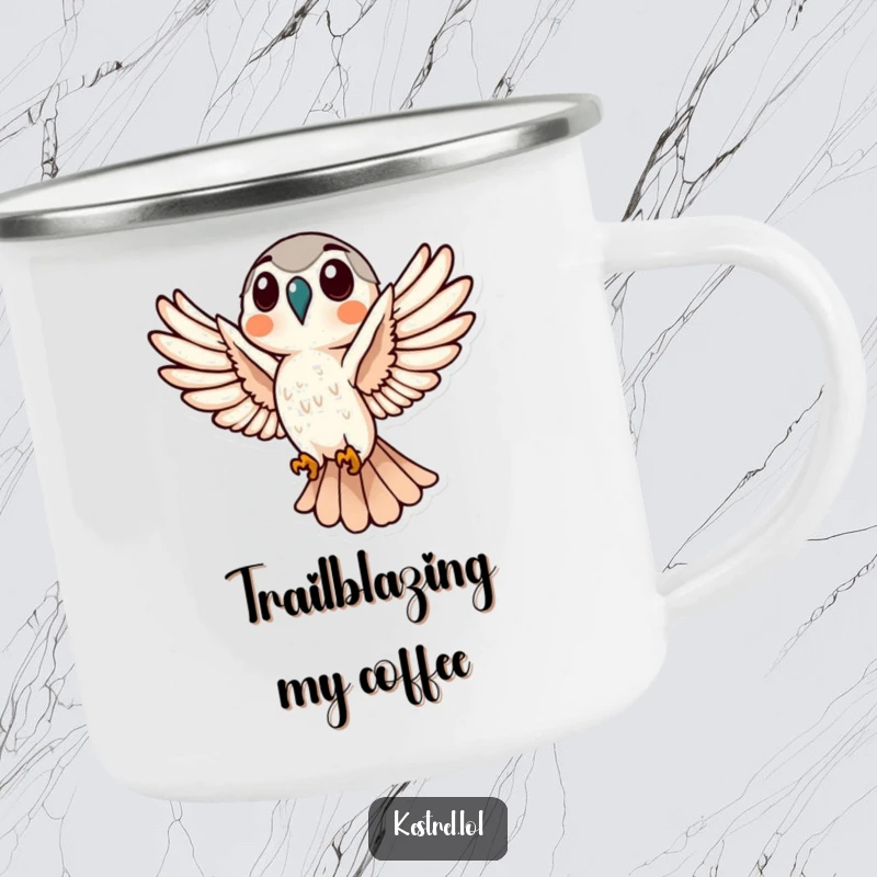 Funny Kestrel Flight Camping Mug featuring a kestrel in soaring flight, perfect for nature lovers with humor.