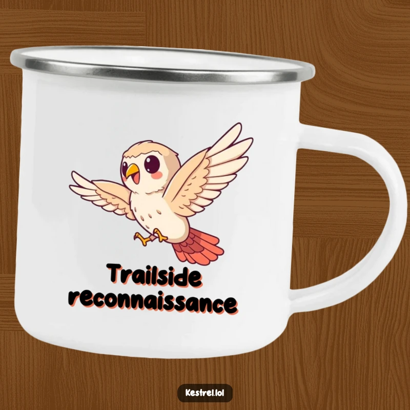 Funny kestrel camping mug, cute bird character bravely soaring sideways, enamel finish, humorous outdoor gear.