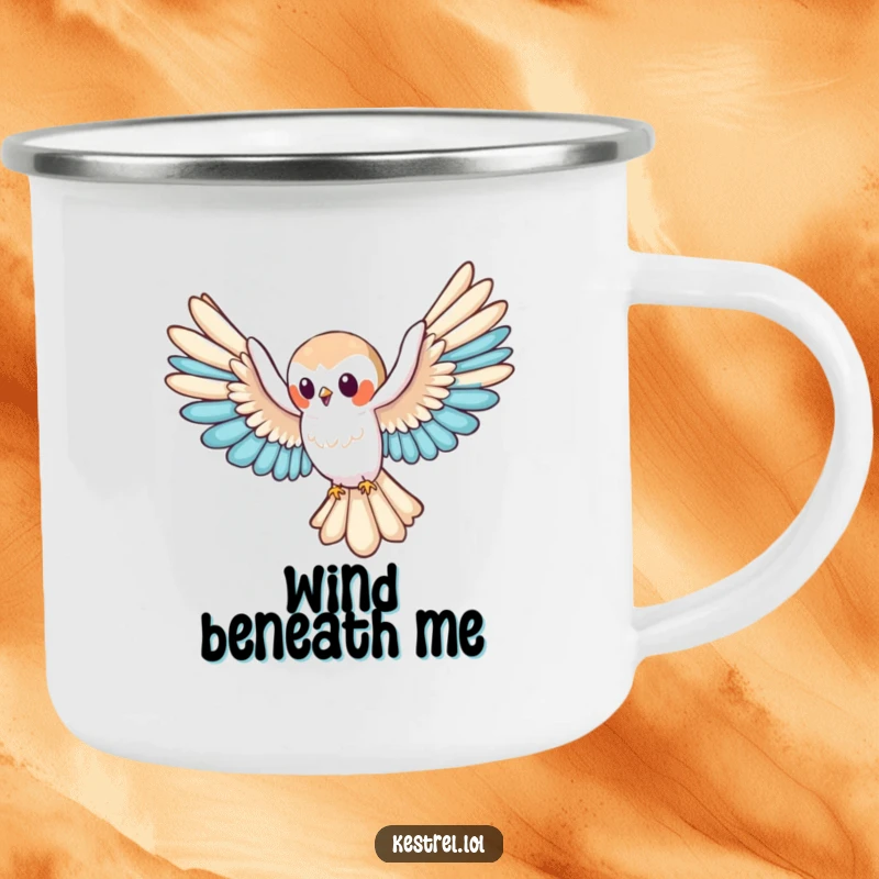 Funny kestrel camping mug featuring a cute character gliding, perfect for outdoor drinks and serene journeys, a rugged funny gift.
