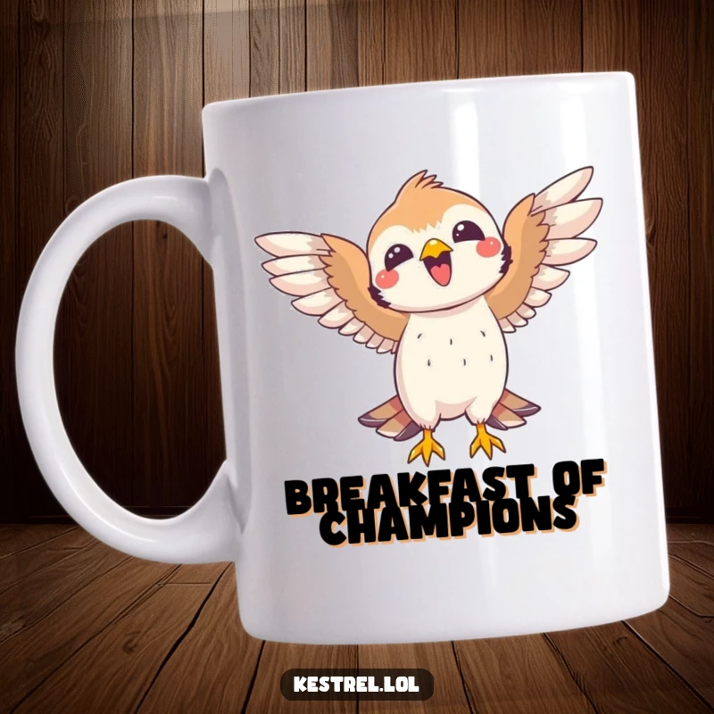 Funny kestrel mug showing a joyful bird celebrating a catch with wide open wings, a symbol of success. A great gift.