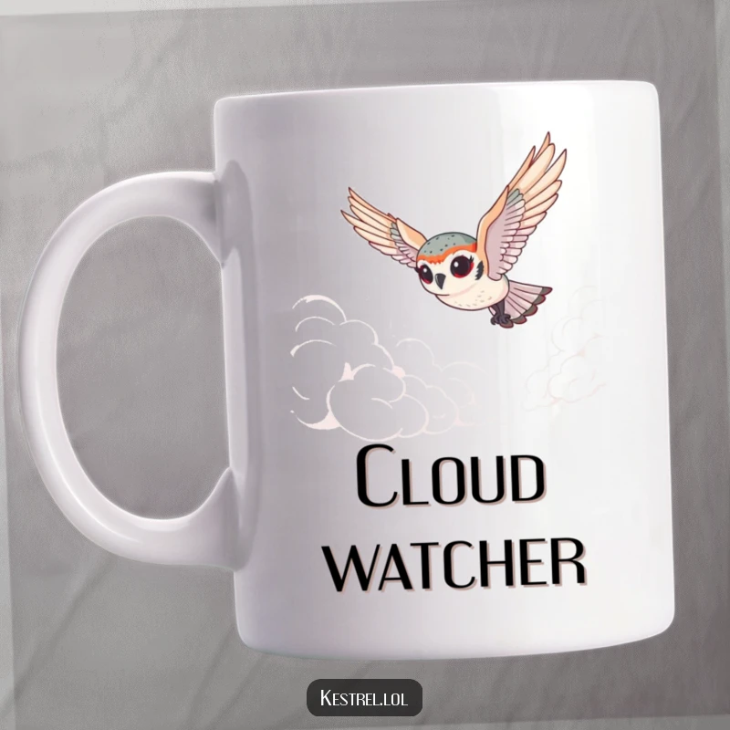 Funny tiny kestrel mug featuring a cute bird with exaggerated eyes gracefully diving through fluffy clouds with humorous charm.