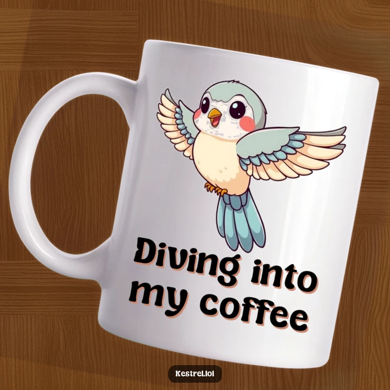 Funny mug featuring a jovial kestrel with wings tucked in swift descent, embodying playful speed and focused fun, perfect for bird lovers.