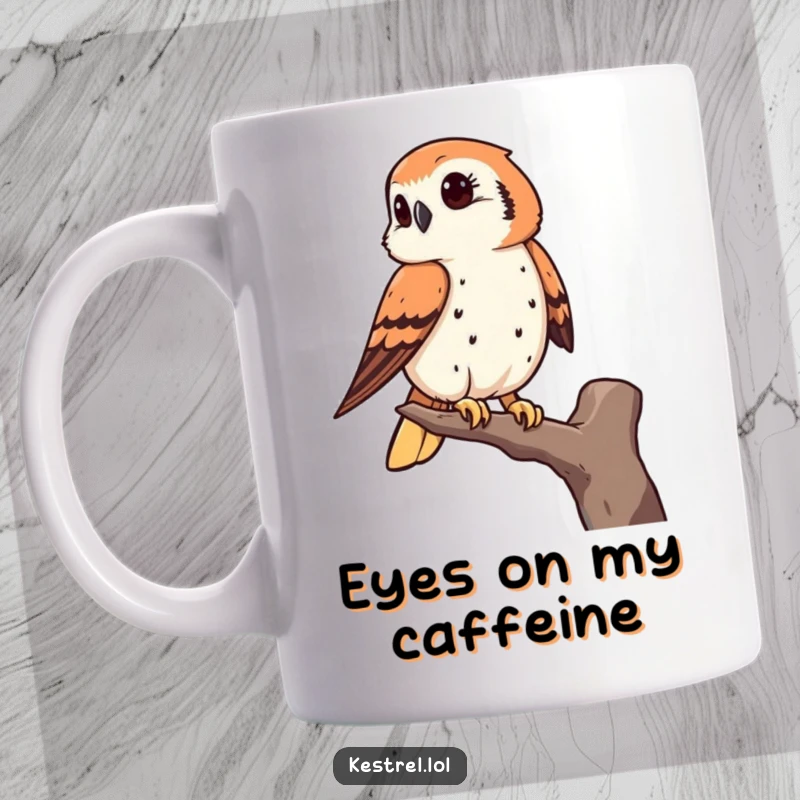 Funny kestrel mug showing a bird of prey keenly observing its surroundings from a high, advantageous perch.