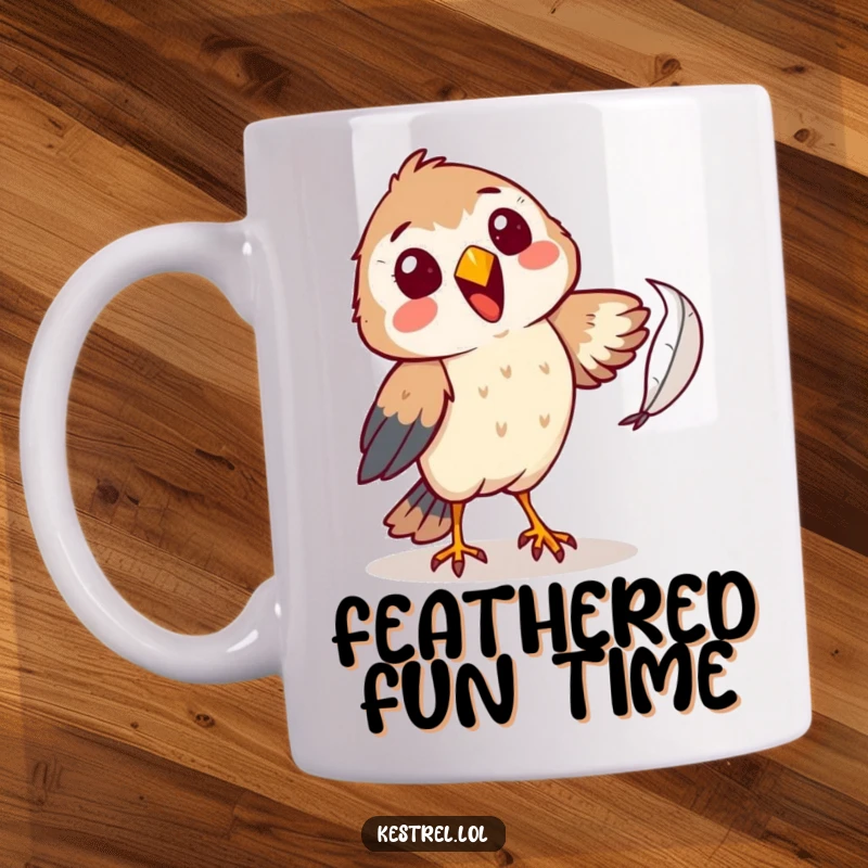 Funny kestrel mug with a cheerful character comically attempting to catch a falling feather, showcasing playful effort and lighthearted humor.