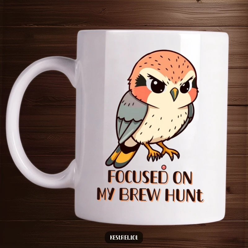 Funny Kestrel Mug: A determined kestrel intently eyes a tiny movement below, its gaze sharp and hilariously focused.