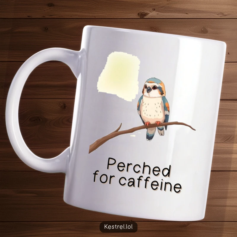 Funny kestrel mug showing a curious bird perched on a thin branch, looking around inquisitively.