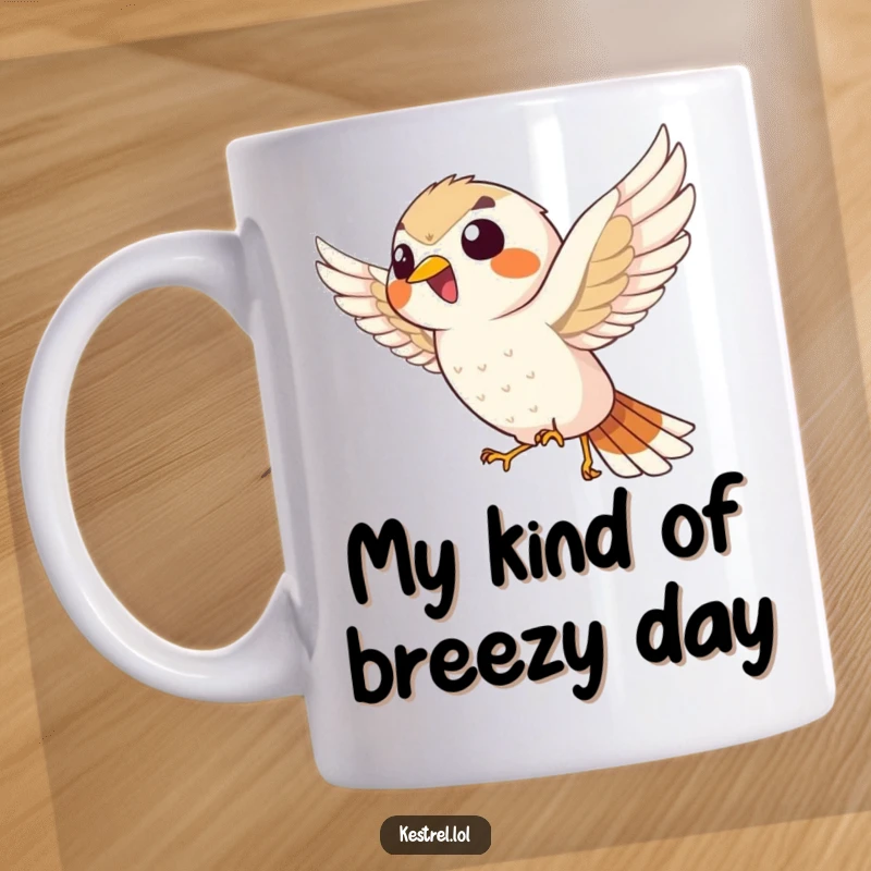Funny hovering kestrel mug, captured mid-giggle, embodying pure joy and wind-blown enthusiasm, a delightful avian character.