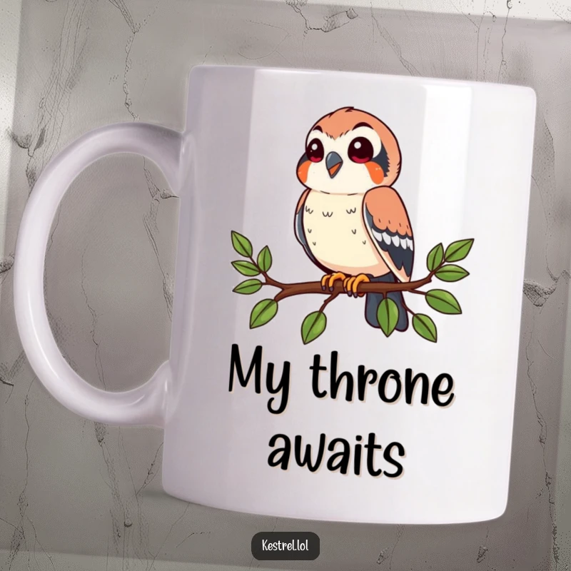 Funny kestrel mug showing a happy bird perched on a branch looking around, a peaceful and humorous scene. A great gift.