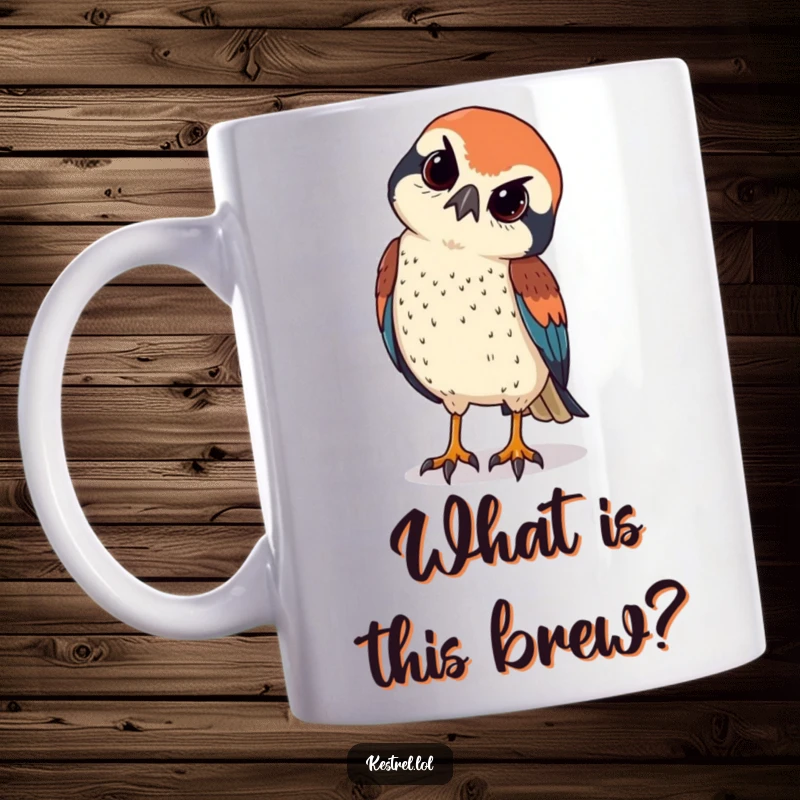 Funny kestrel tilting its head curiously, observing with sharp eyes, on a mug for the observant.