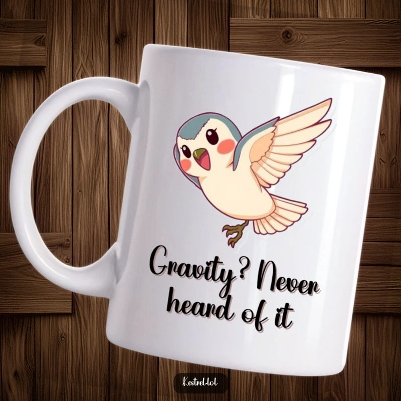 Funny kestrel diving mug, showcasing a cheerful bird in graceful descent towards the ground; a gift for bird lovers.