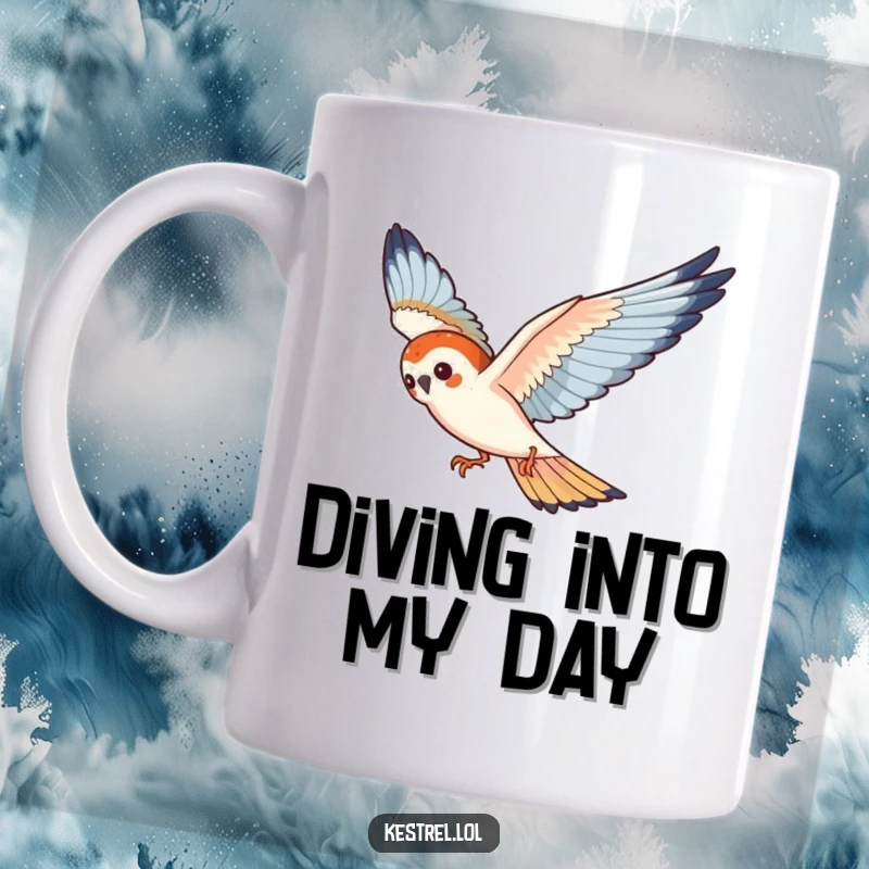 Funny kestrel mug showing a playful bird gracefully diving through the air with speed and agility.