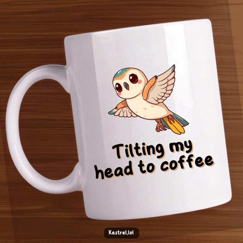 Funny Kestrel Mug: A curious kestrel tilts its head mid-flight, looking hilariously inquisitive and thoughtful.