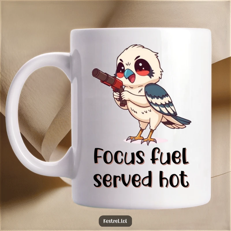 Funny kestrel mug with a smiling bird character in mid-hunt, showcasing focused delight and predatory precision, a great gift.