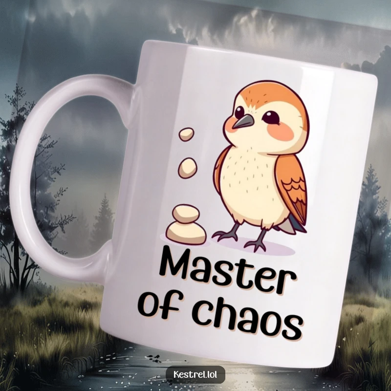 Funny Kestrel Juggler Mug: A kestrel character comically attempts to juggle three small pebbles, showing off its clumsy but entertaining skills.