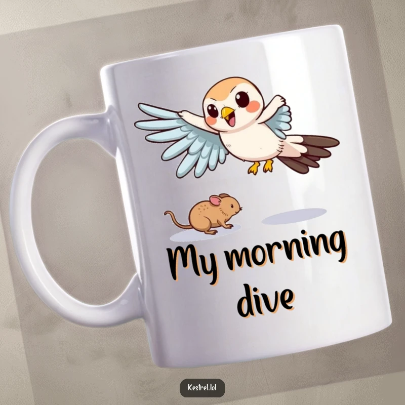 Funny mug showing a cartoon kestrel comically swooping down with outstretched wings towards a tiny, unsuspecting mouse.