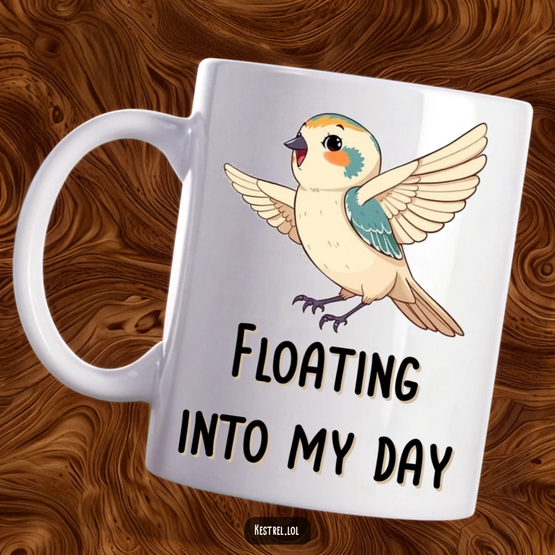 Funny mug featuring a happy kestrel gracefully catching a gentle breeze, embodying serene joy and a love for the open sky.