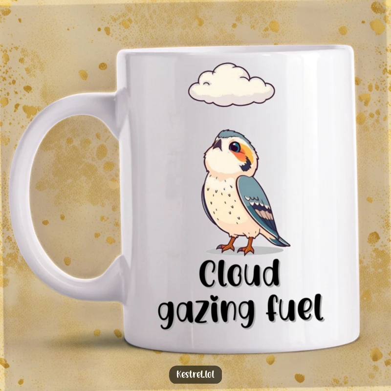 Funny mug showing a curious kestrel character gazing upwards with fascination at a distant, passing cloud.