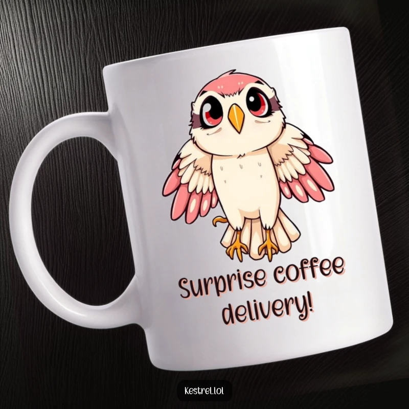 Funny kestrel mug showcasing a bird of prey in a dramatic, wide-eyed swoop, capturing a moment of intense aerial action.
