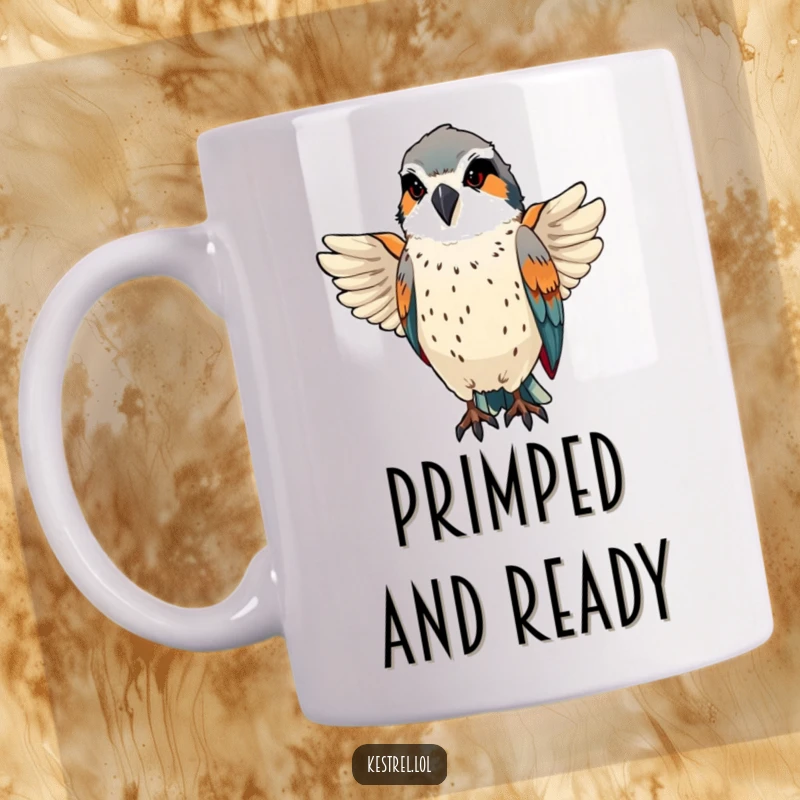 Funny kestrel preening sleek feathers with a proud, focused expression on a mug.